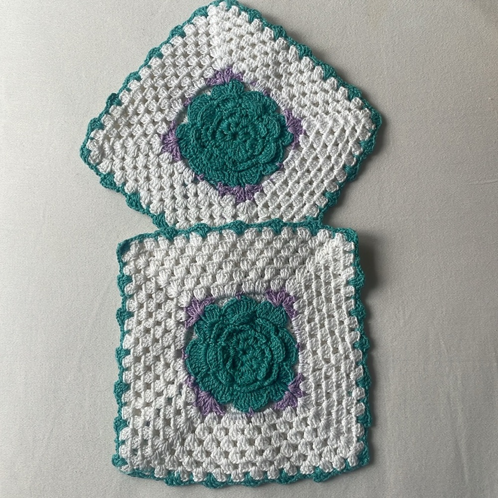 Handmade Crochet Hot Pads Set of 2 Raised Flower Coasters Teal Purple White